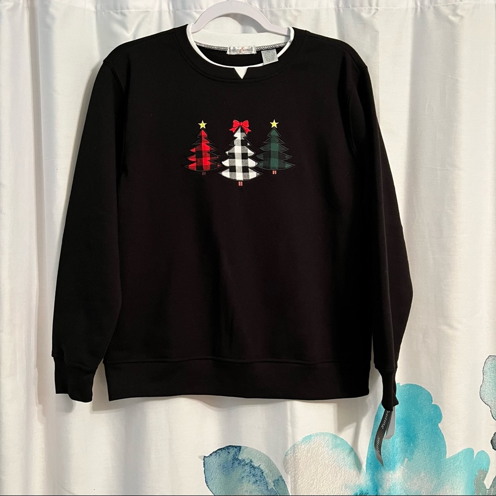 Plaid tree crew neck sweater